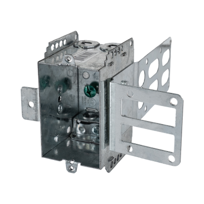 Arani 2104-LSSAX 1-gang steel stud device box, 2-1/2 in deep, AC90, three-quarter view with stud bracket extended at right