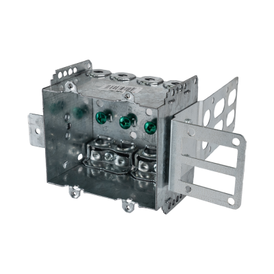 Arani 2104-LSSAX-2 2-gang steel stud device box, 2-1/2 in deep, AC90, three-quarter view with grounding screws