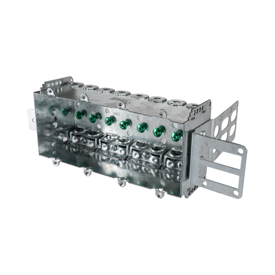 Arani 2104-LSSAX-4 4-gang steel stud device box, 2-1/2 in deep, AC90, three-quarter view with four cable clamps