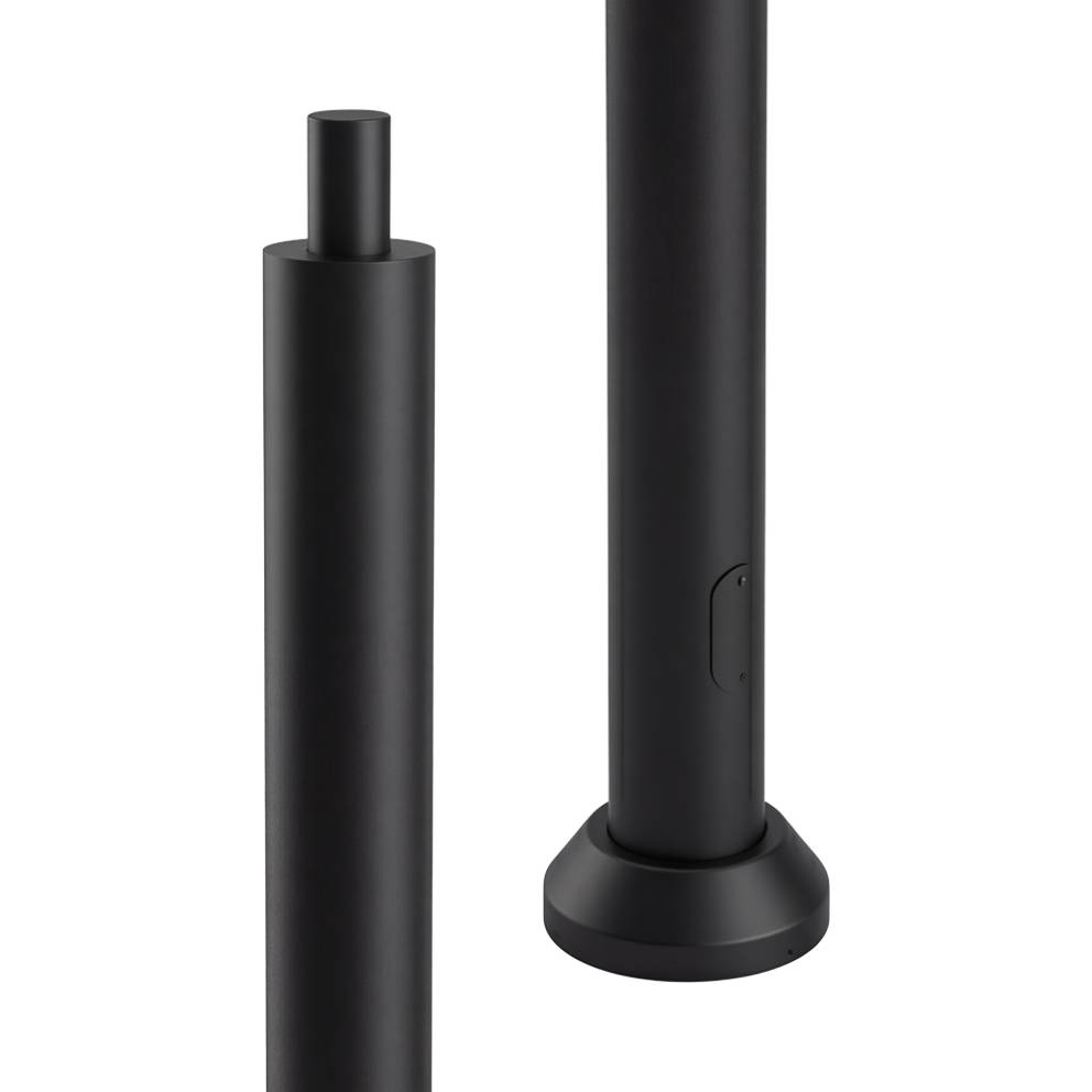 Poteau d'éclairage rond noir, format 4, montrant la section supérieure effilée et la base ronde avec porte d'accès au câblage