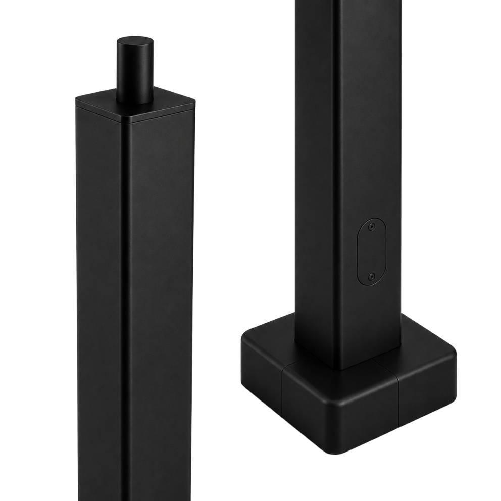 Poteau d'éclairage carré noir, format 5, montrant la section supérieure effilée et la base carrée avec porte d'accès au câblage