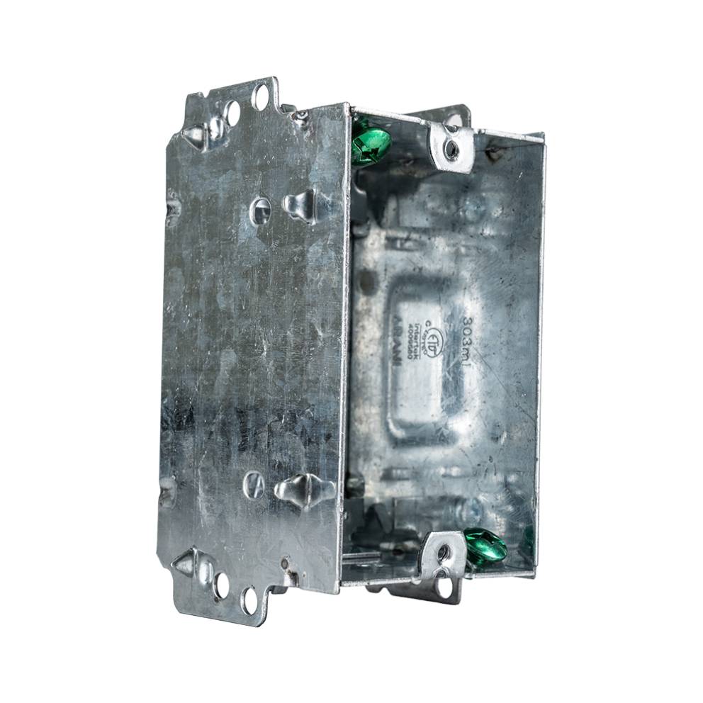Vue arrière trois quarts de la boîte de dispositif Arani ED-NGB-2004-LH montrant le support de fixation, les trous de clouage et