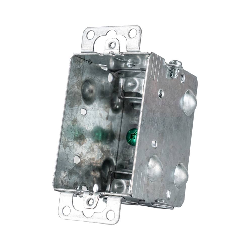 Arani 1104-LA boîte d'appareils groupable, 2-1/2 po, AC90, oreilles, vue trois quarts avec support pour montant déployé en haut