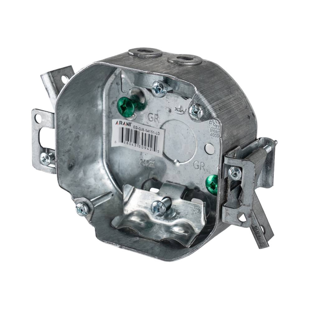Arani 54151-LD boîte de plafond octogonale, 1-1/2 po, supports à bras pivotant, vue trois quarts avec deux supports à bras