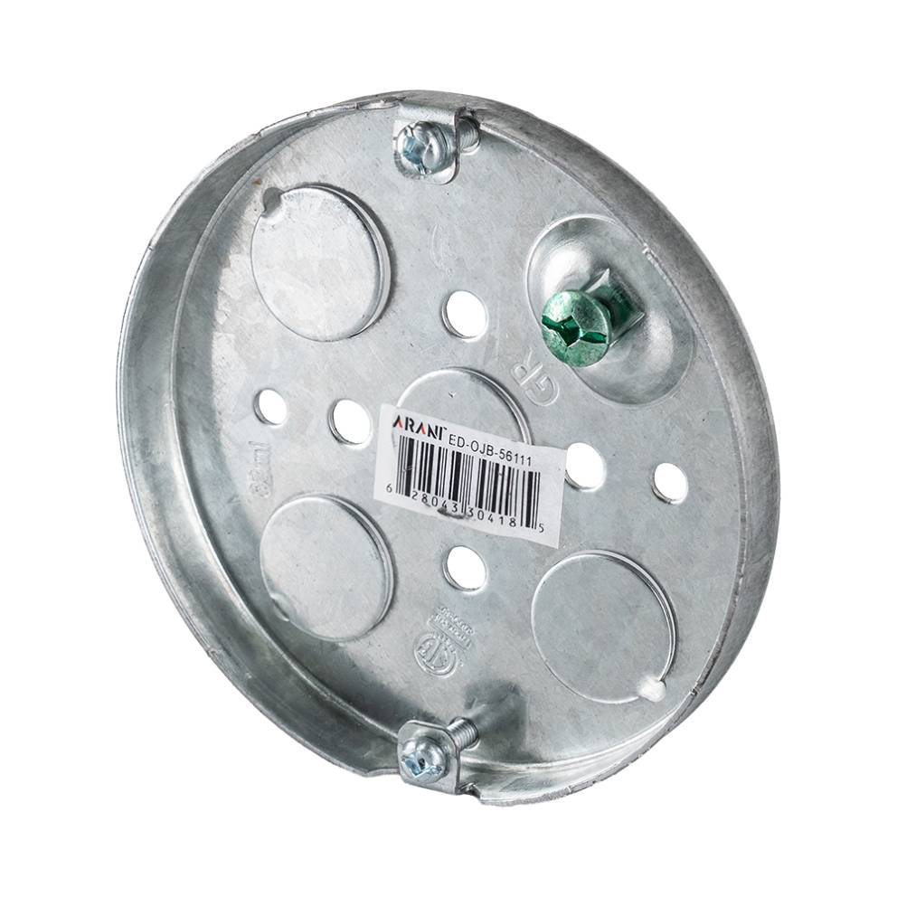 Arani 56111 boîte de plafond ronde pancake, 1/2 po, débouchures, vue trois quarts avec faible profondeur et une seule vis
