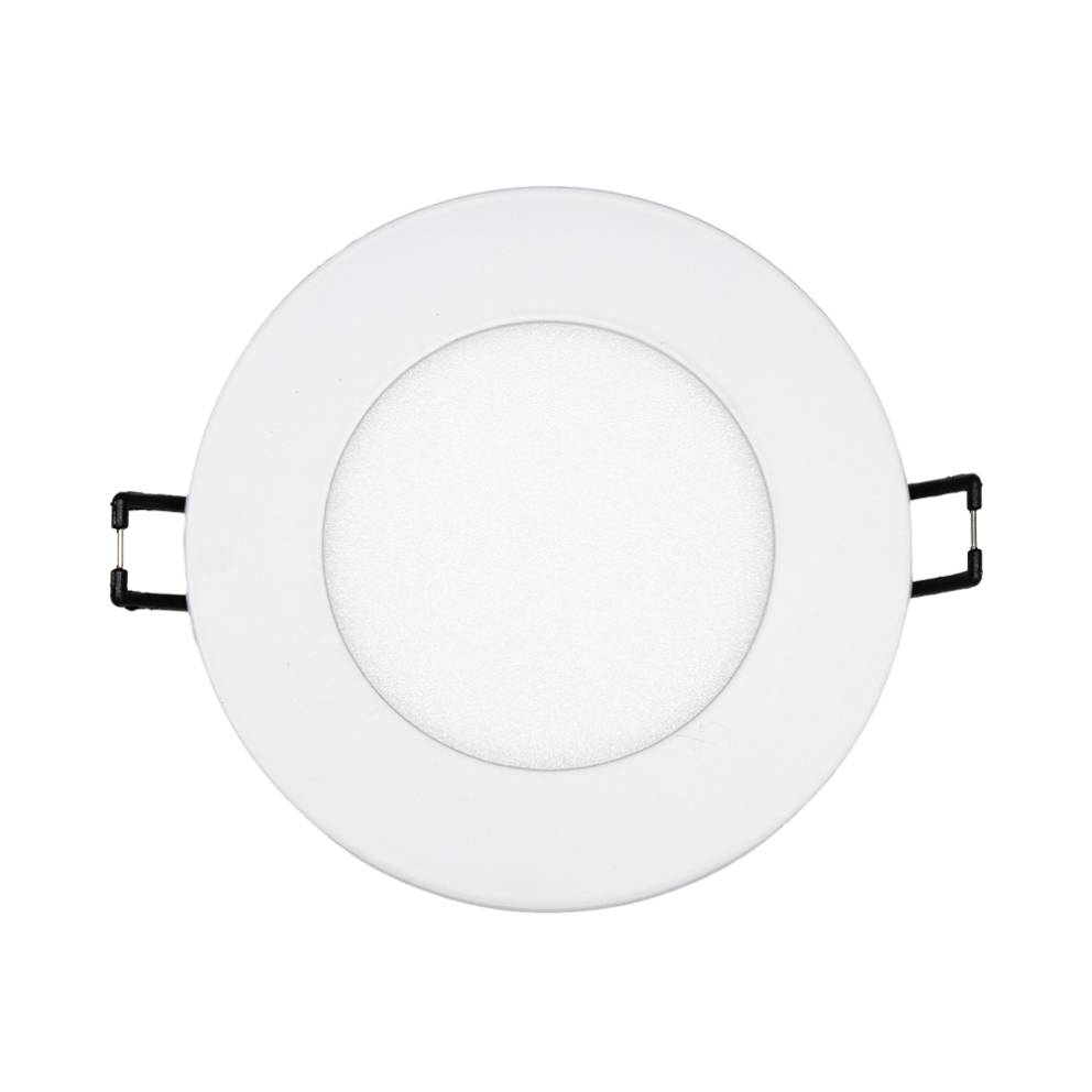 Encastré DEL RVBB ultra-mince 4 po Arani SL4-RGBW-R-WH-V4, vue de face avec ressorts de fixation