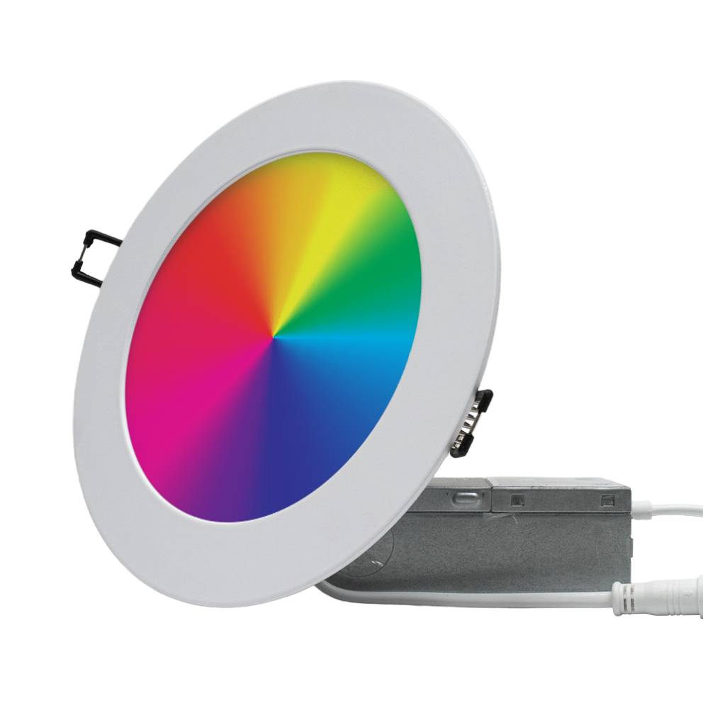 Encastré DEL RVBB ultra-mince 6 po Arani SL6-RGBW-R-WH-V4 avec boîtier, allumé en spectre de couleurs RVB