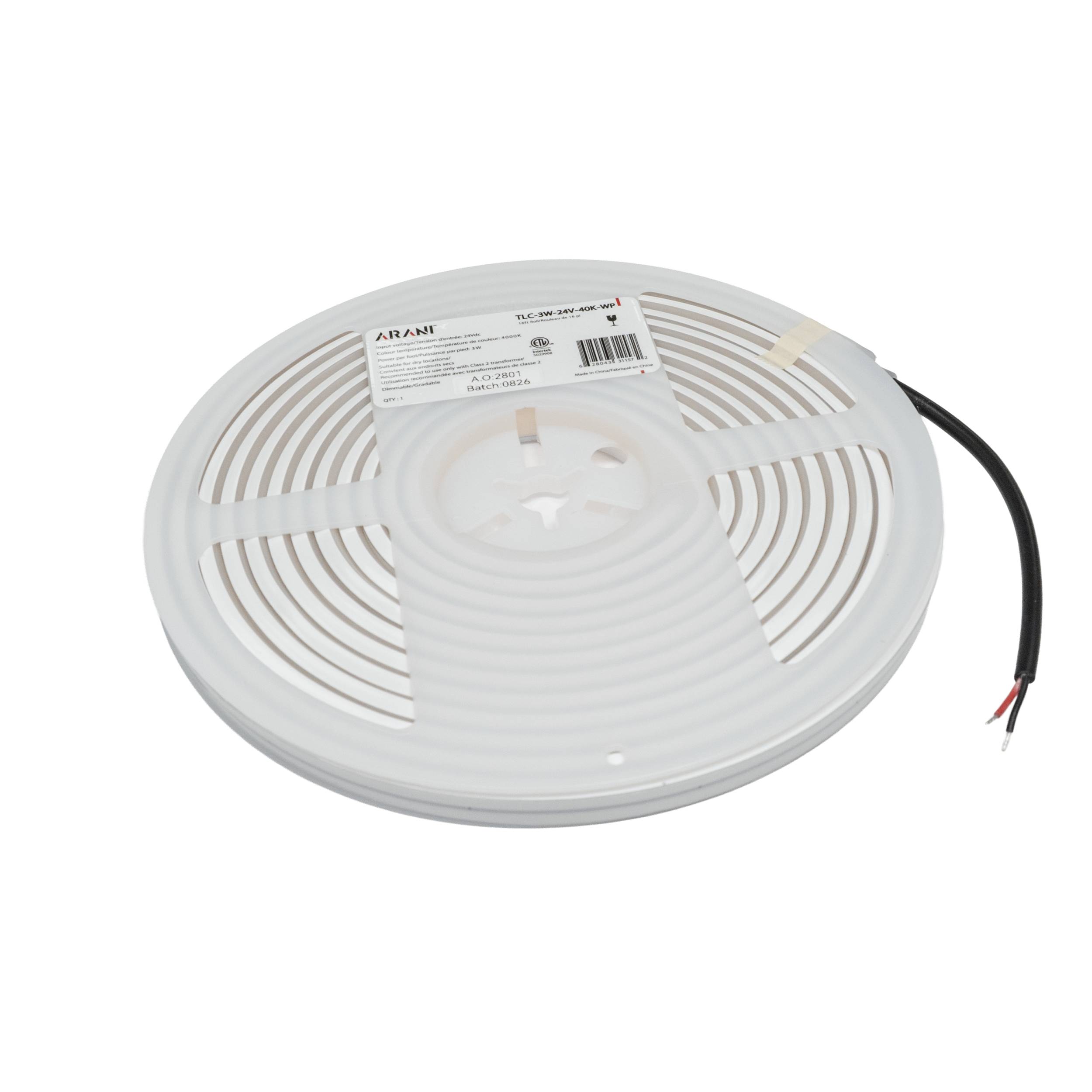 Ruban DEL COB étanche Arani TLC-3W-24V-WP, rouleau de 16 pi avec fil d’alimentation, 3 W/pi, 24 Vcc