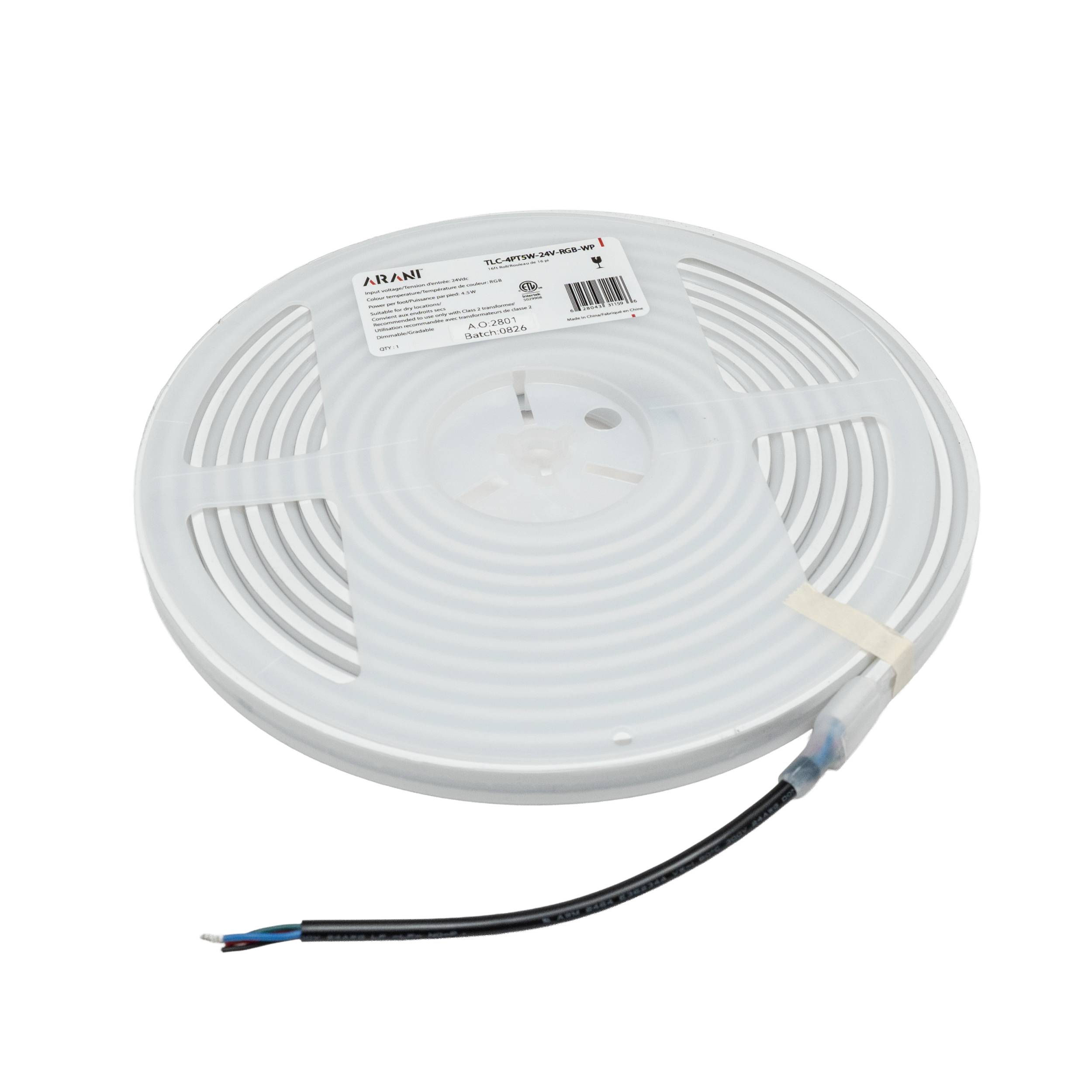 Ruban DEL COB RVB étanche Arani TLC-4PT5W-24V-RGB-WP, rouleau de 16 pi avec fil d’alimentation à 4 conducteurs, 4,5 W/pi, 24 Vcc