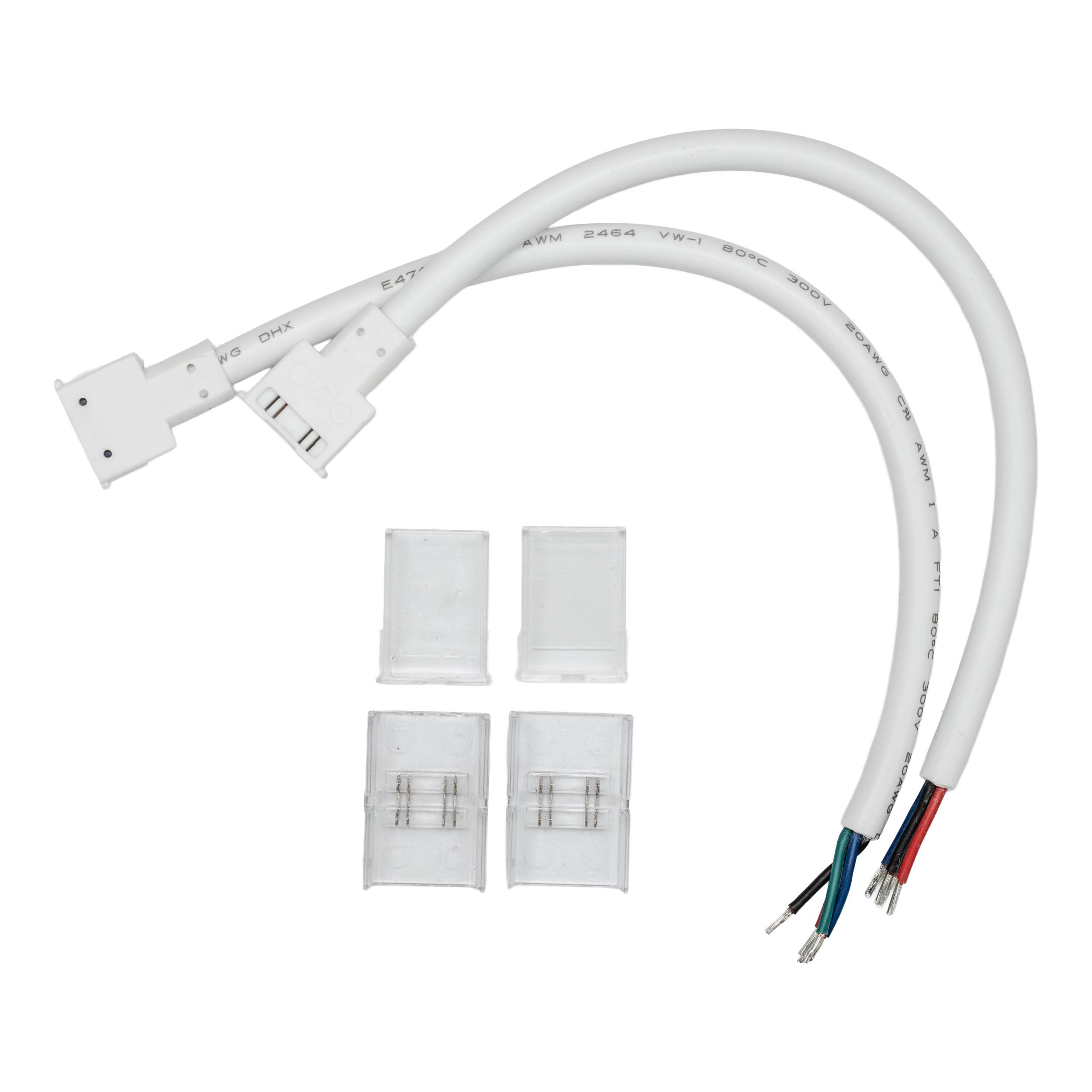 Accessoires Arani TLC-4PT5W-24V-RGB-WP : deux connecteurs avec fil d’alimentation RVB 20 AWG et connecteurs de jonction transpar